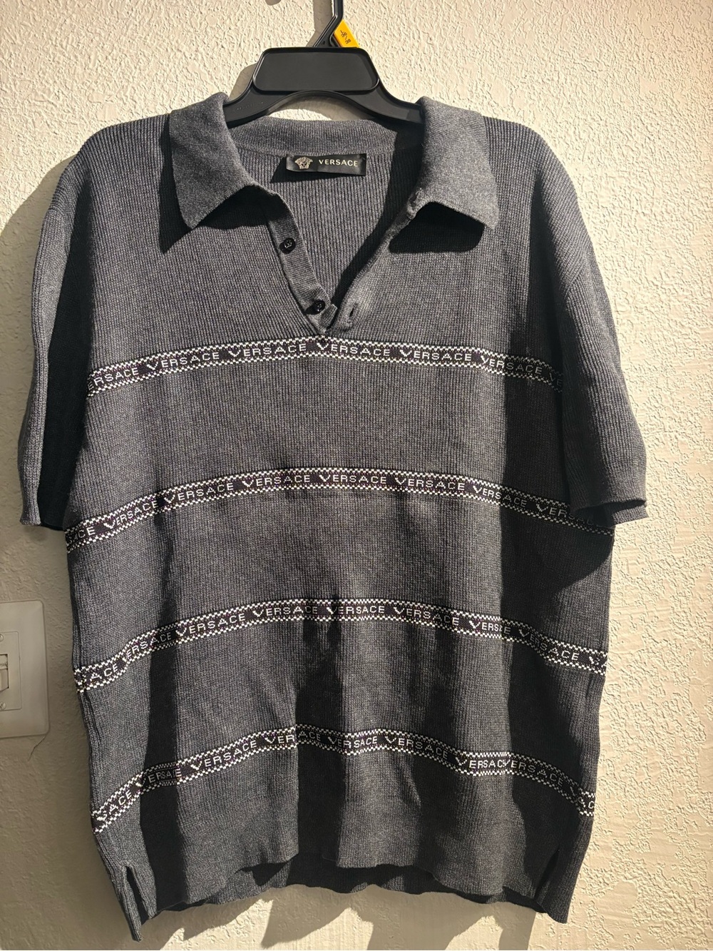 Versace Men's Short-Sleeve Polo - Charcoal with White Logo Stripes